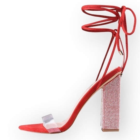 Gen Shuo Strappy Chunky Block Heels Red Rhinestones Ankle Wraps Sz 7 Red Shoes - Picture 1 of 11